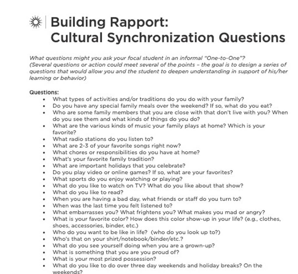 building rapport questions screenshot