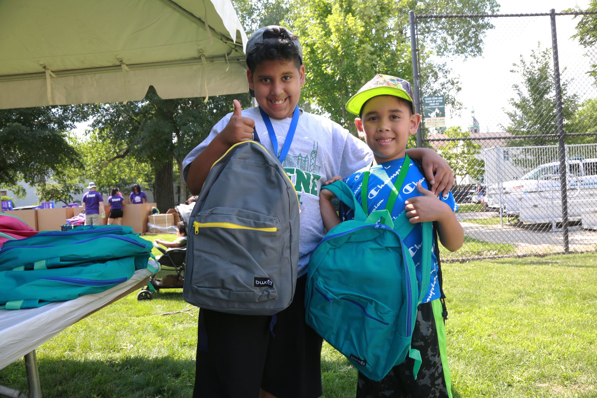 students with new backpacks