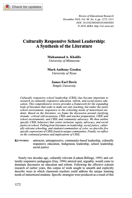 Culturally Responsive School Leadership: A Synthesis Of The Literature ...