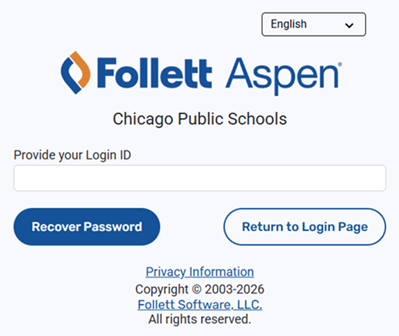 Screenshot of Follett Aspen with a area to provide your login ID