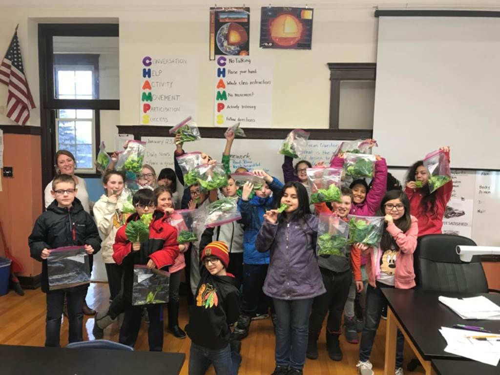 Students holding bags of veggies