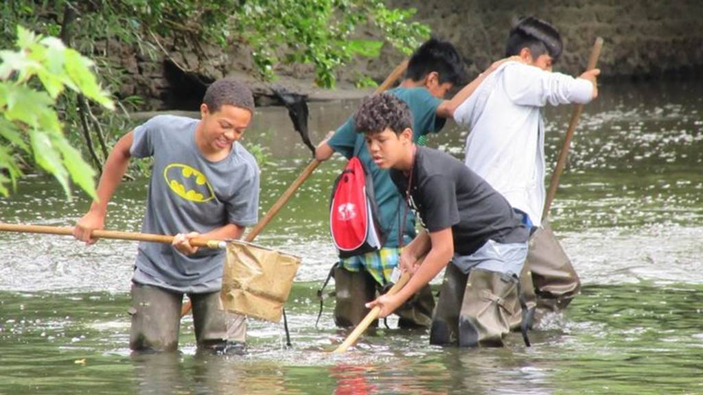 Students fish trash our of a river