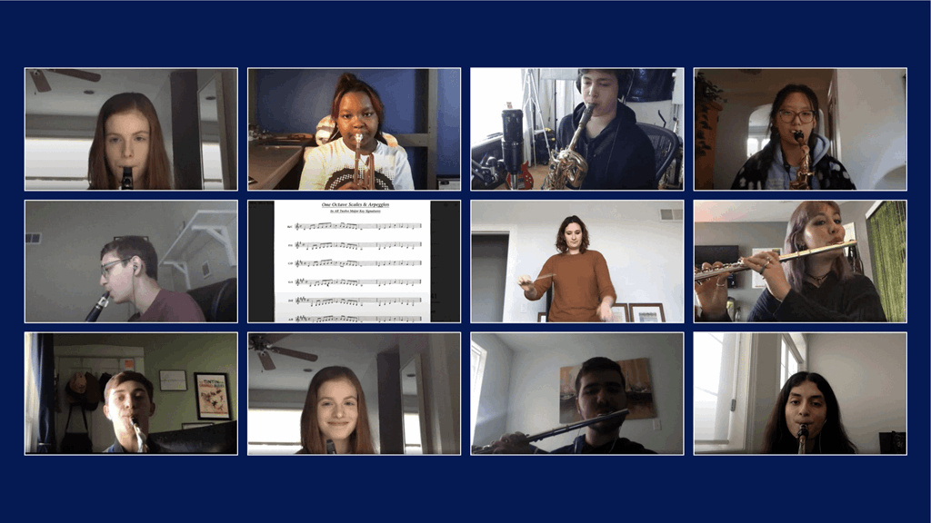 A zoom call with students playing instruments