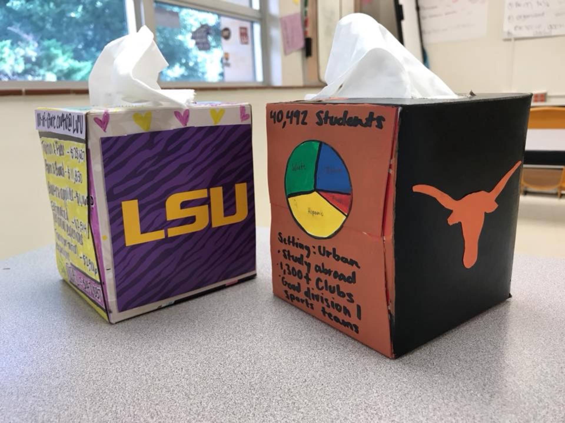 College decorated tissue boxes