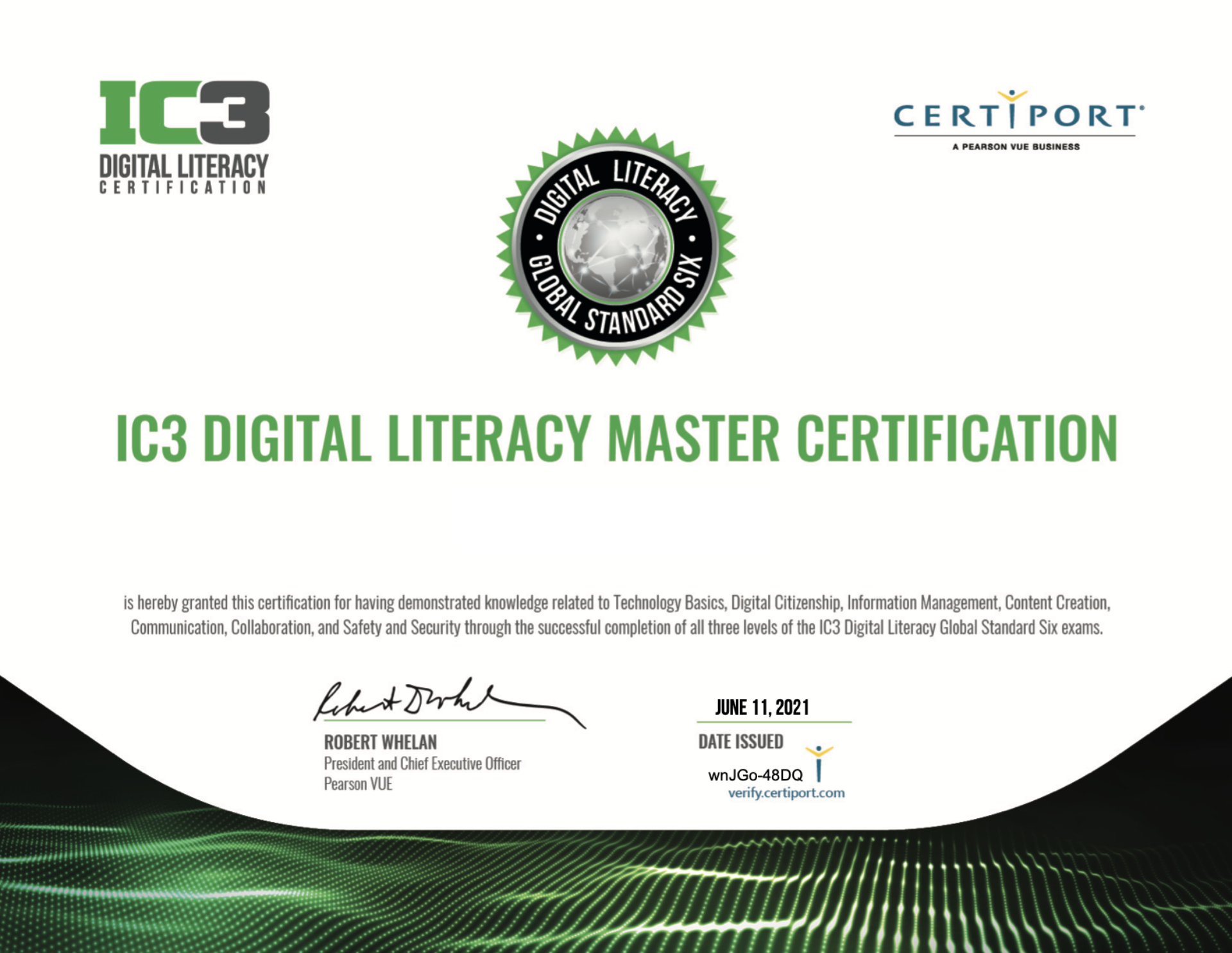 IC3 Digital Literacy Master Certification certificate