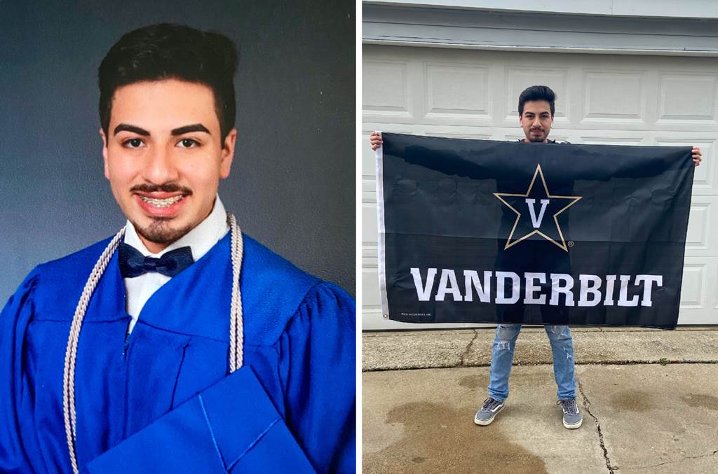 Angelo in his graduation gown and holding a Vanderbilt flag